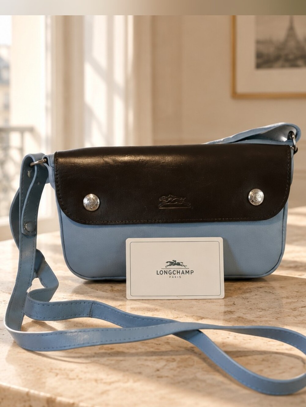 Longchamp Light Blue and Black Leather Crossbody Bag